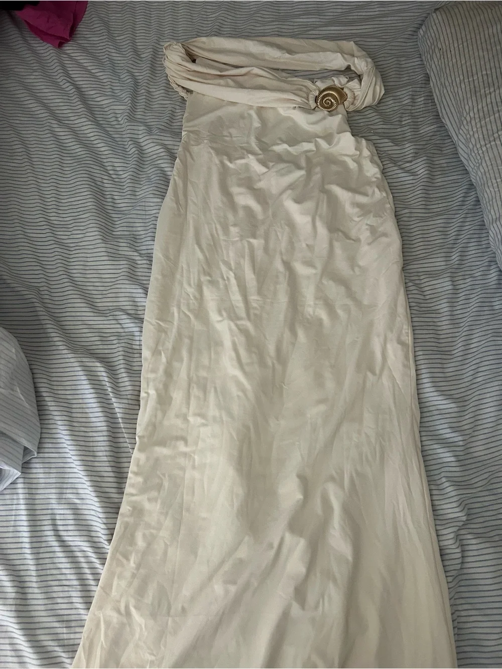Peppermayo Cream Off-Shoulder Backless Column Gown with Rosette